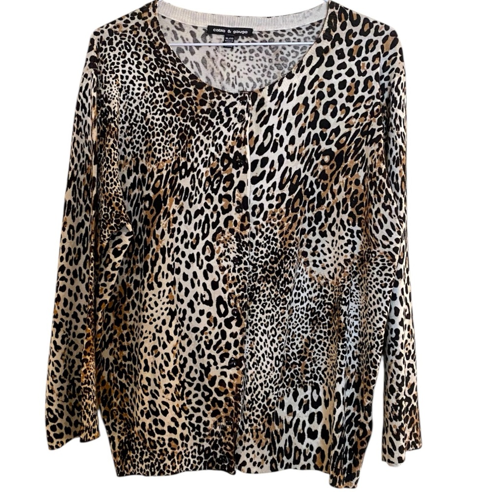 CABLE & GAUGE Animal Print Long Sleeve Cardigan | XL | Lightweight Knit